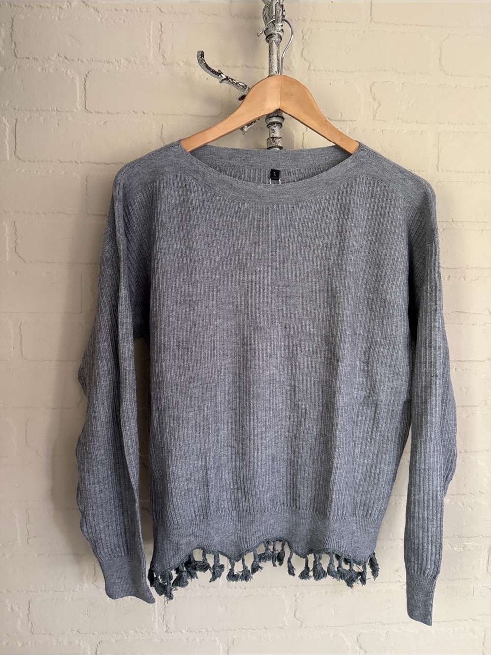 Gray Ribbed Sweater with Tassel Hem soft large NEW